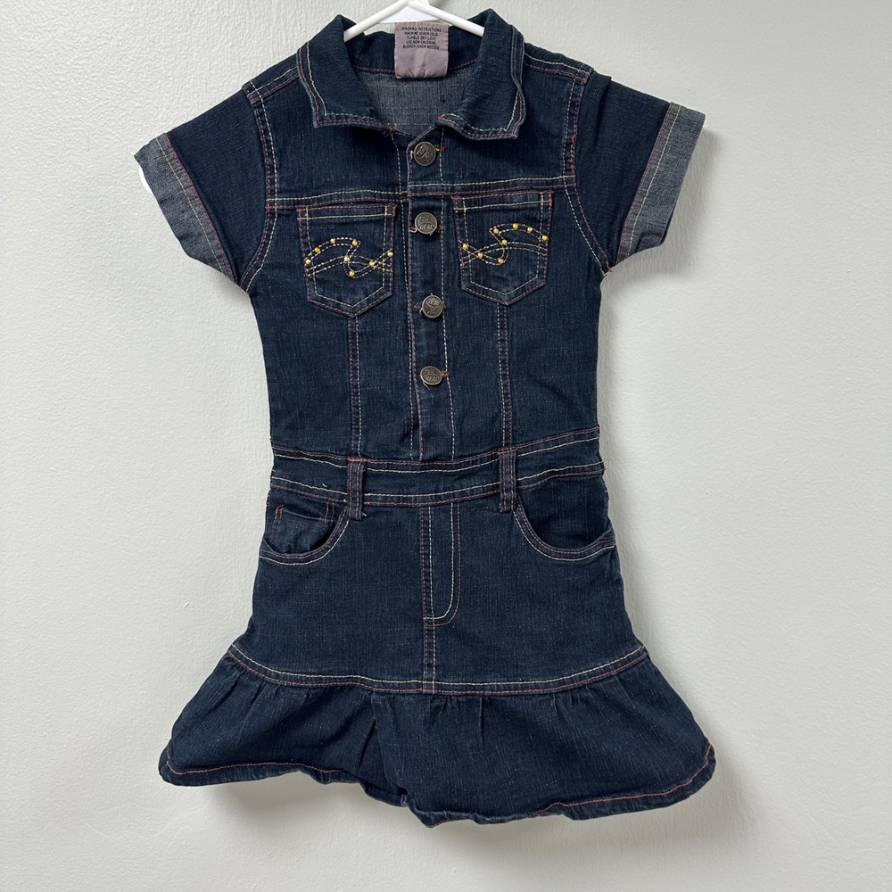 Vintage Kids 2B Real Girls Dark Wash Denim Dress Size 6X Rhinestone Button Front